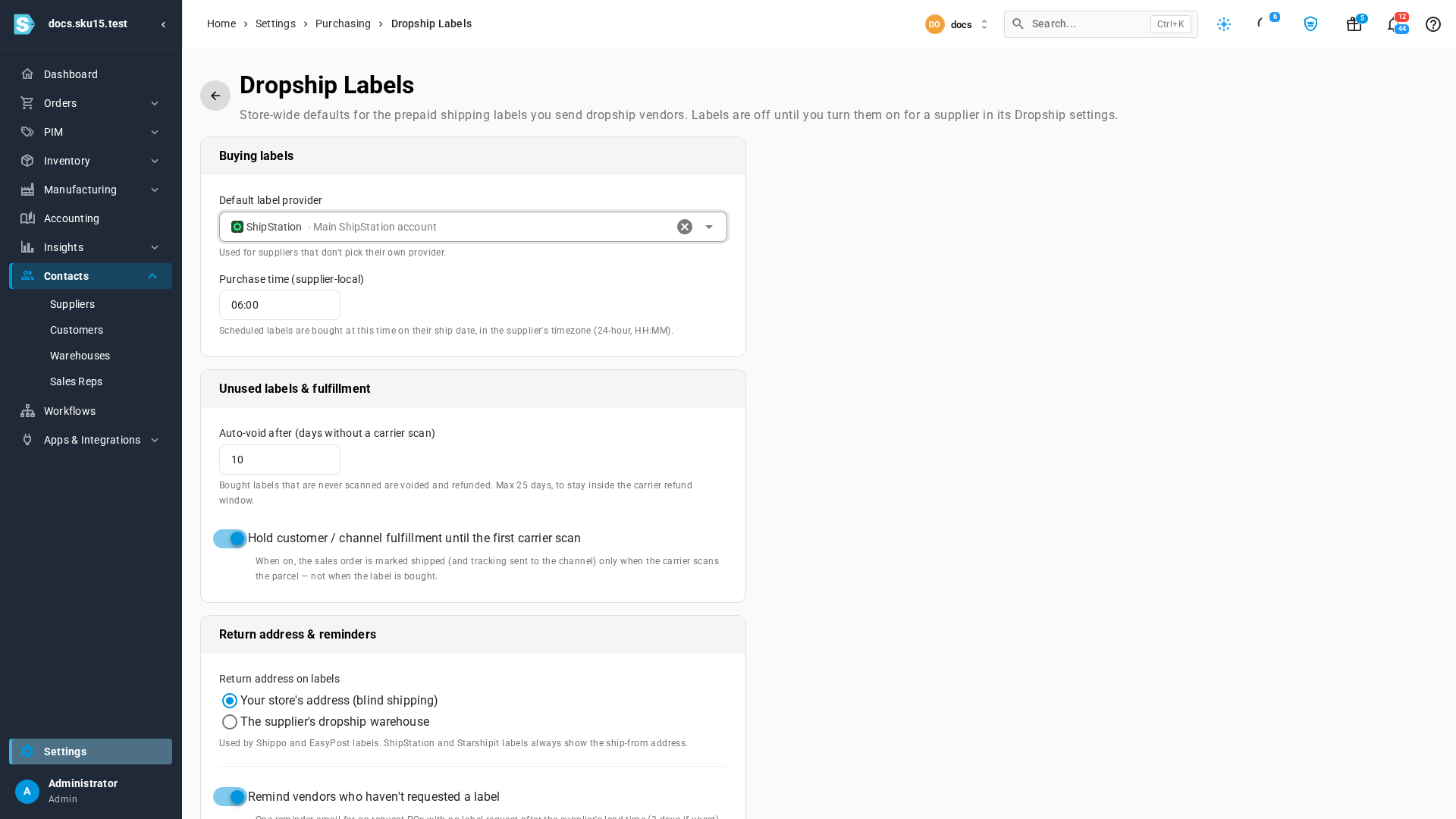 The Buying labels card with ShipStation chosen as the default label provider and a purchase time of 06:00