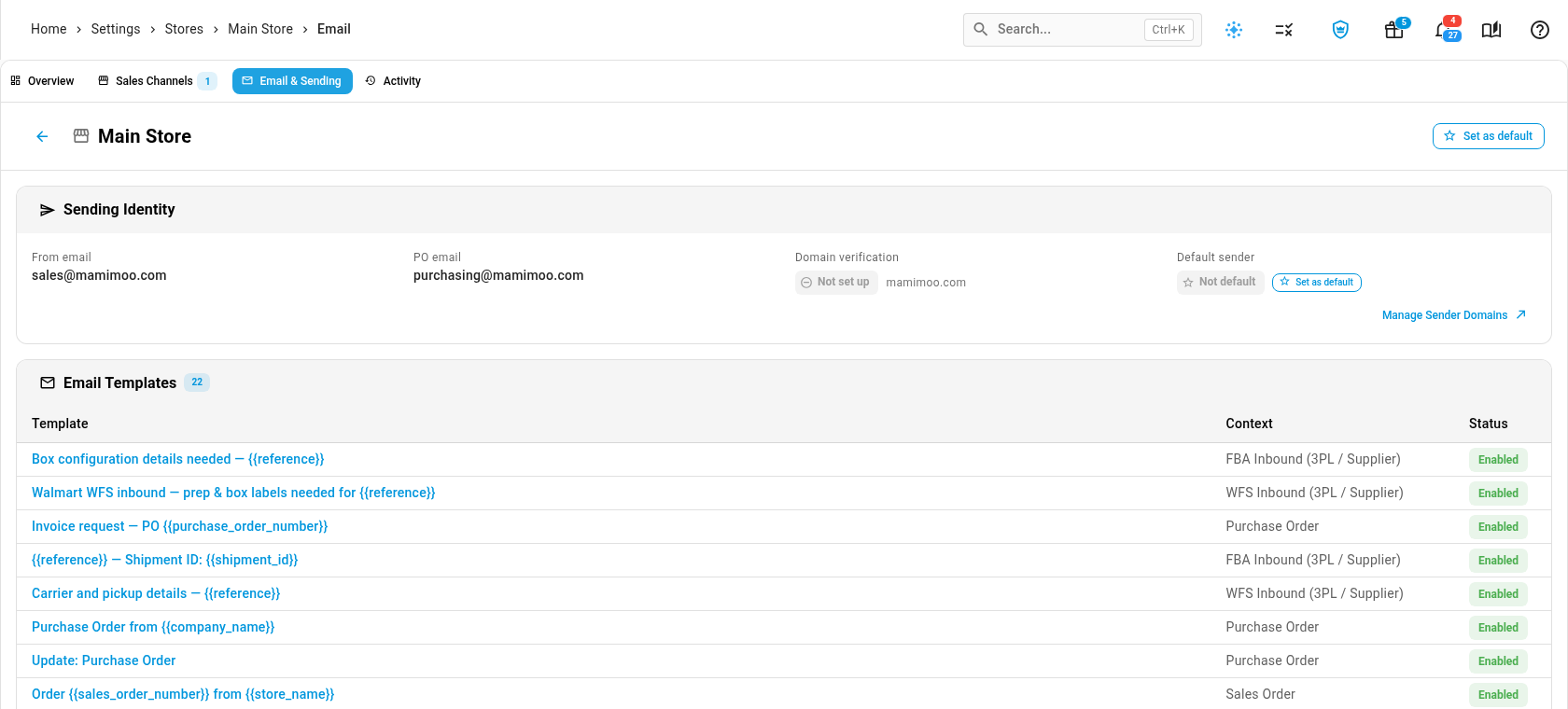 The Email & Sending tab, with the sending identity above the store's email templates