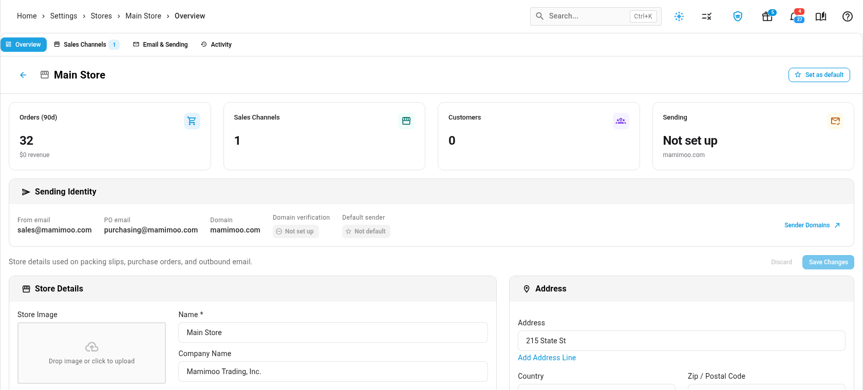 A store's Overview tab, with its order, channel and customer counts above the Store Details and Address forms