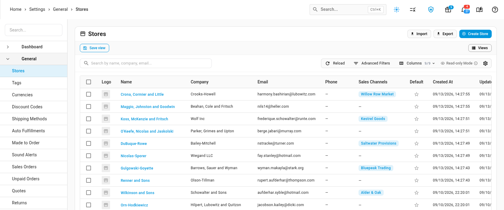 The Stores list in Settings, with Import, Export and Create Store at the top right