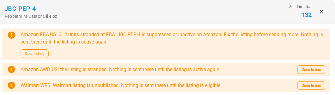 The drawer of a SKU stranded at Amazon FBA and AWD and unpublished at Walmart WFS, each with Open listing