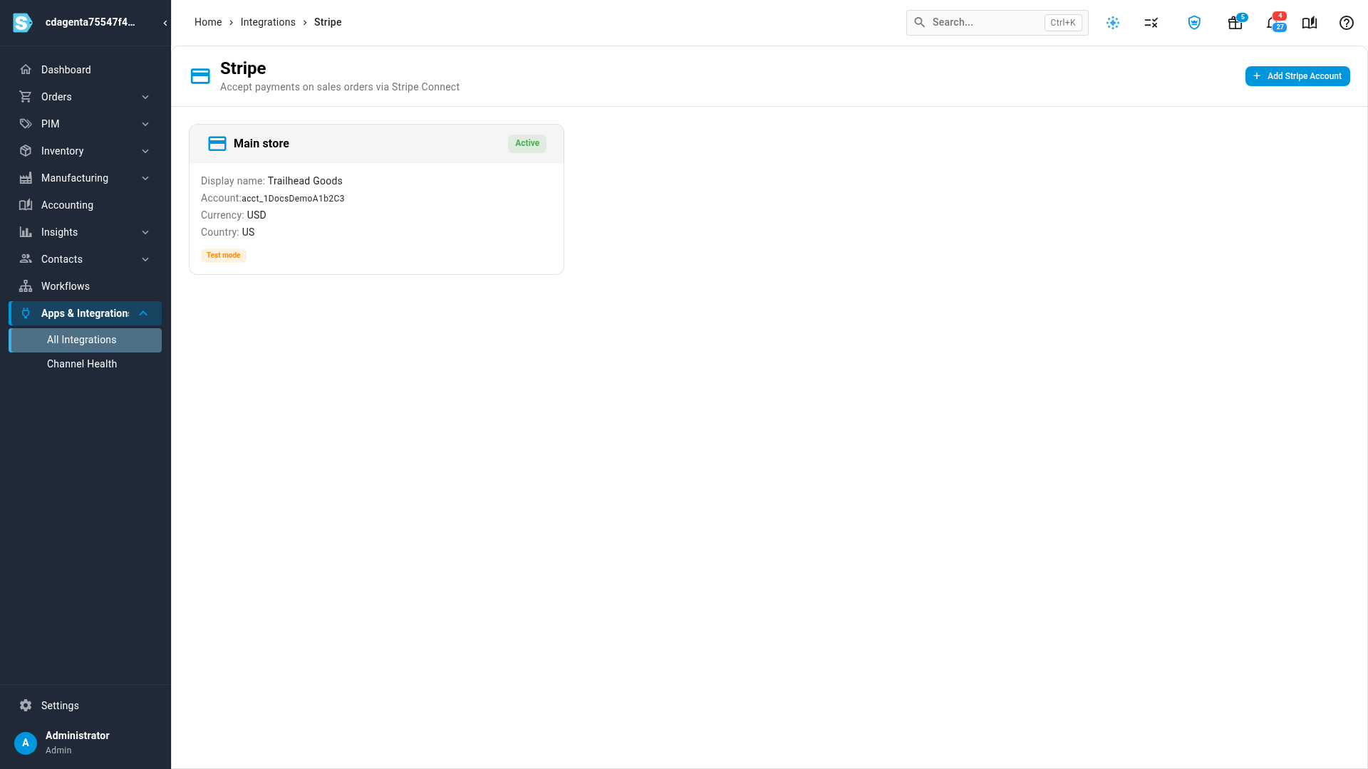 The Stripe page with one account card, Main store, marked Active and Test mode