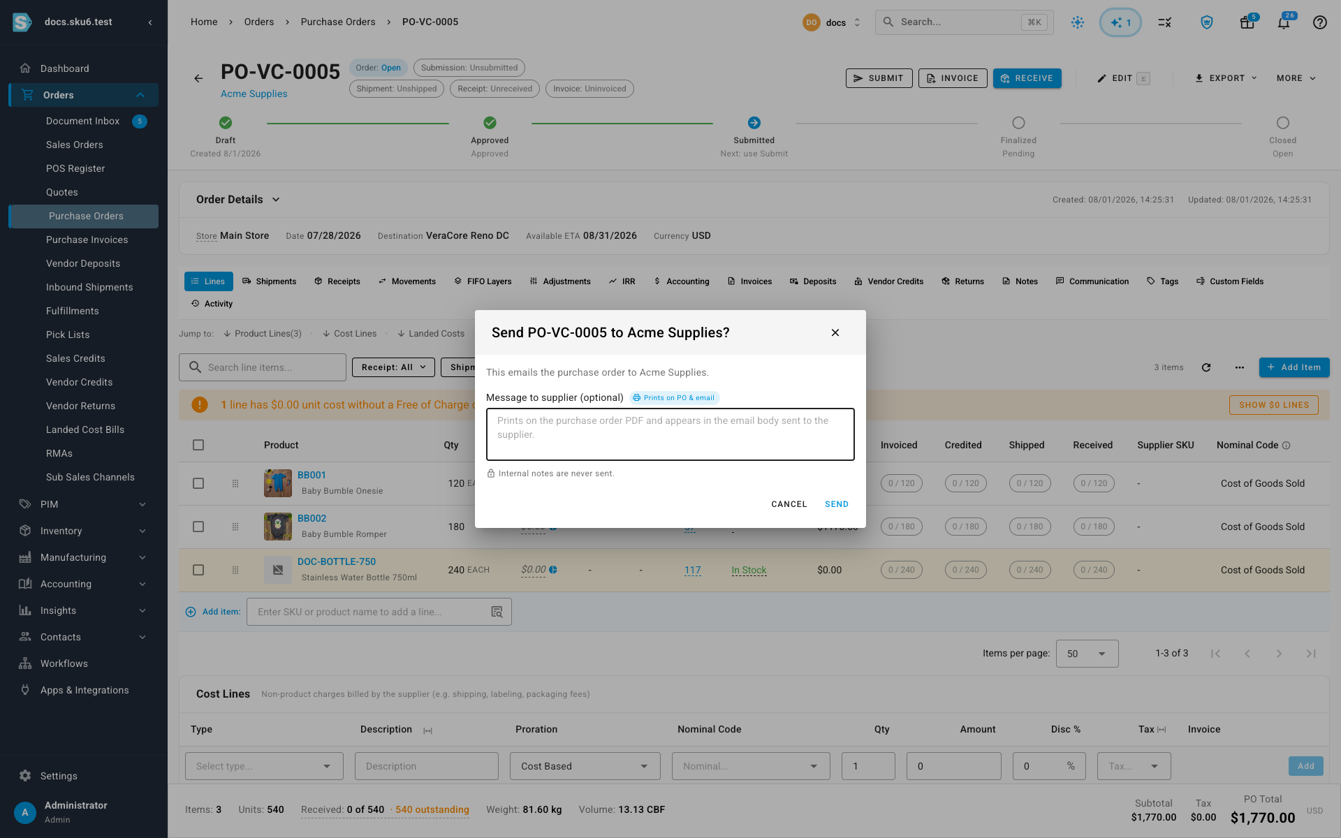 The submit confirmation dialog