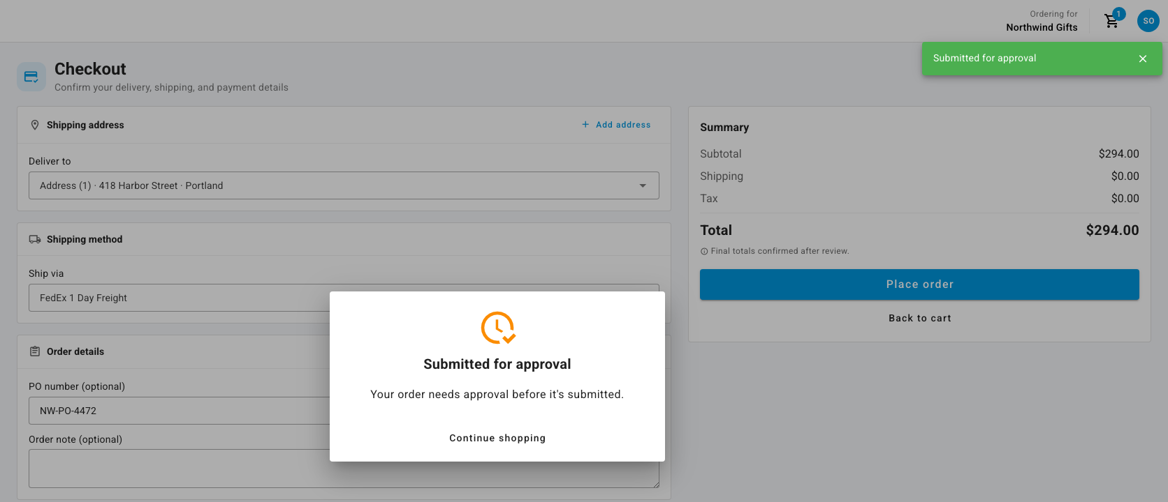 The buyer's order submitted for approval