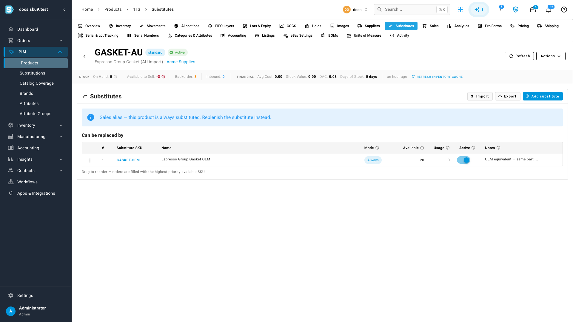 A product's Substitutes tab showing a substitution rule with its mode, live availability, usage count, and notes