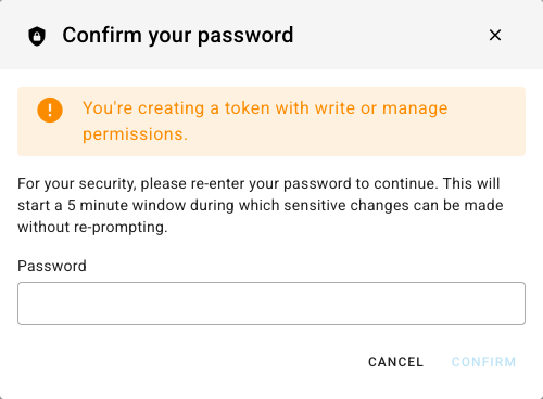 The Confirm your password dialog, warning that the token carries write or manage permissions