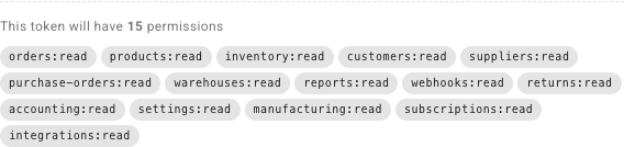 The live summary reading This token will have 15 permissions, with one chip per scope