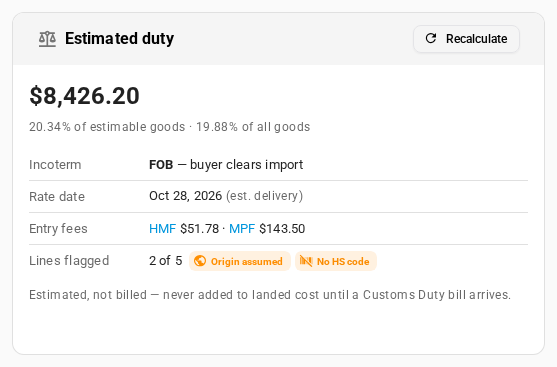 The Estimated duty card on a purchase order bought FOB