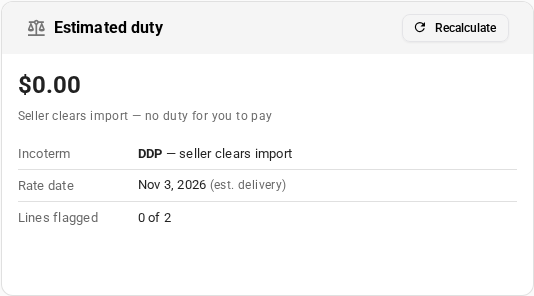 The Estimated duty card on a DDP purchase order