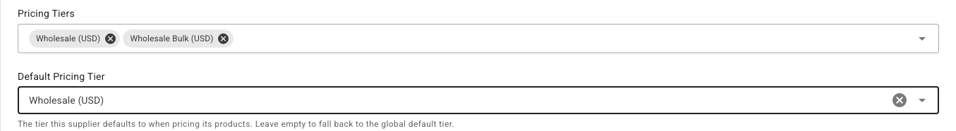 A supplier with Wholesale and Wholesale Bulk tiers, and Wholesale as its Default Pricing Tier