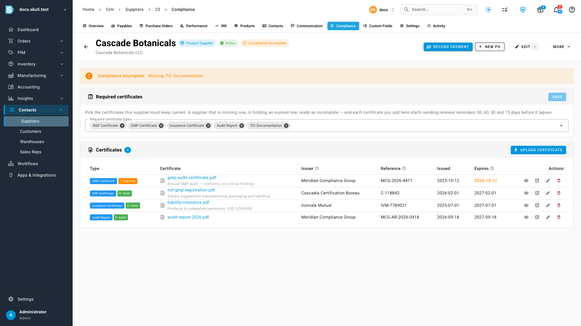 A supplier's Compliance tab showing required certificate types and four certificates with their expiry status