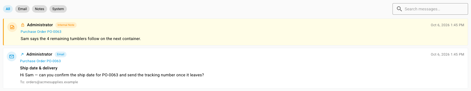 A supplier's Communication tab listing an internal note and an email, each linked to PO-0063
