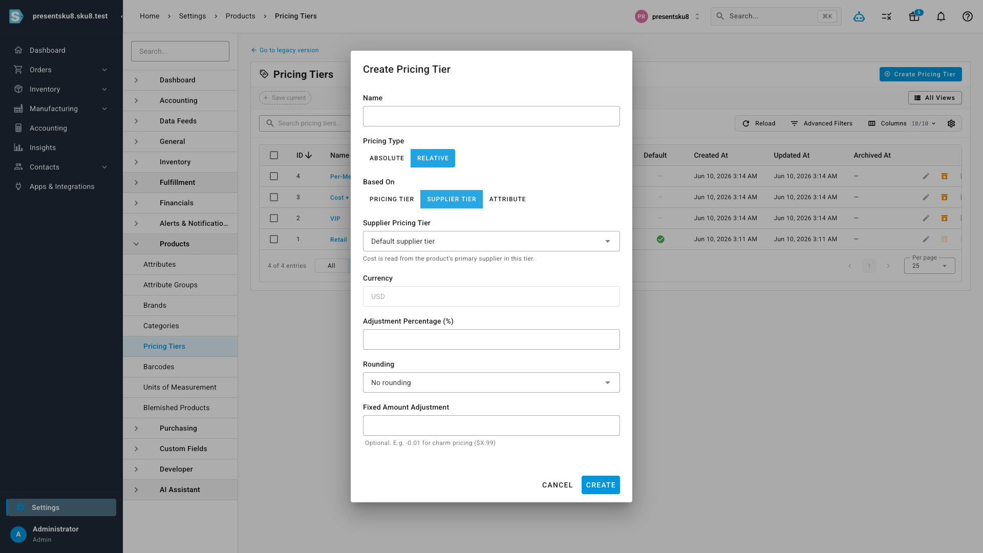 The dialog with the Supplier Tier basis selected, showing the supplier pricing tier picker and a markup percentage