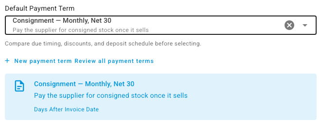 The supplier's Default Payment Term set to the consignment term