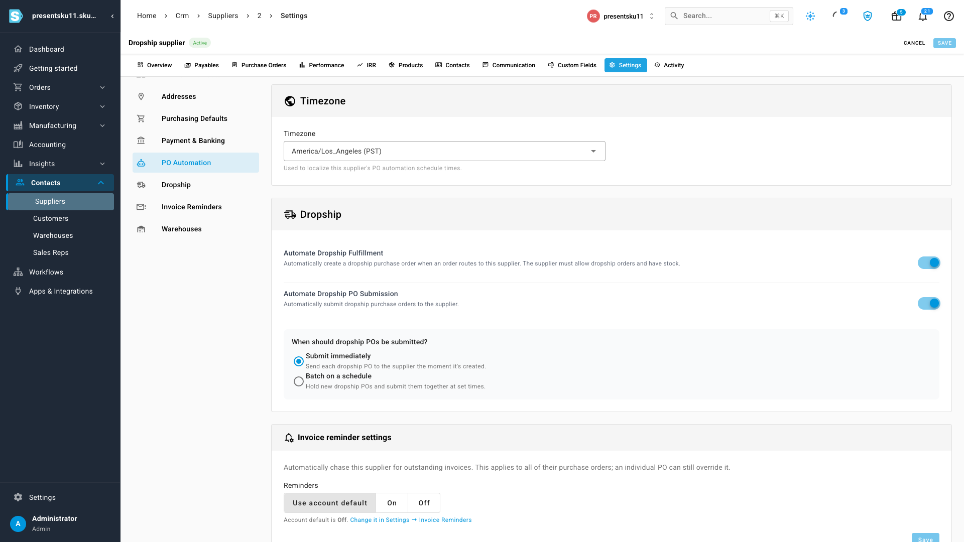 The supplier Dropship settings section with automate-fulfillment and automate-submission toggles and an immediate-vs-batch choice