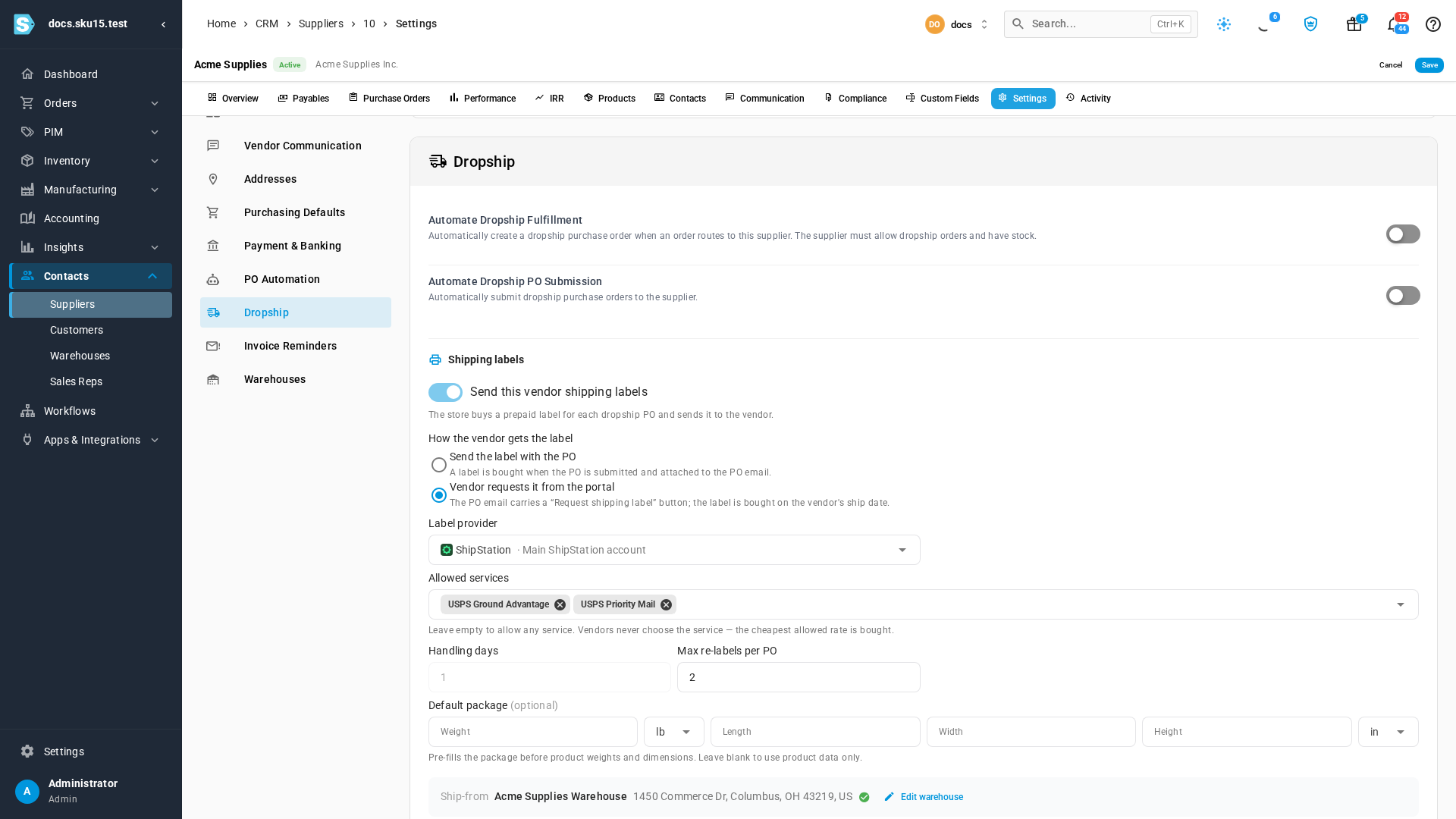 The supplier's label provider set to ShipStation, with two USPS services allowed