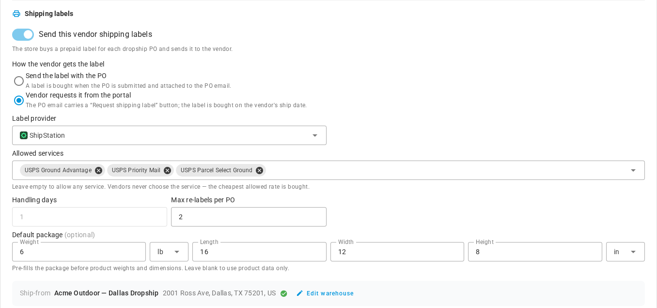 The Shipping labels card in a supplier's Dropship settings, with "Send this vendor shipping labels" switched on, "Vendor requests it from the portal" selected, ShipStation as the label provider, three allowed USPS services and a default package size