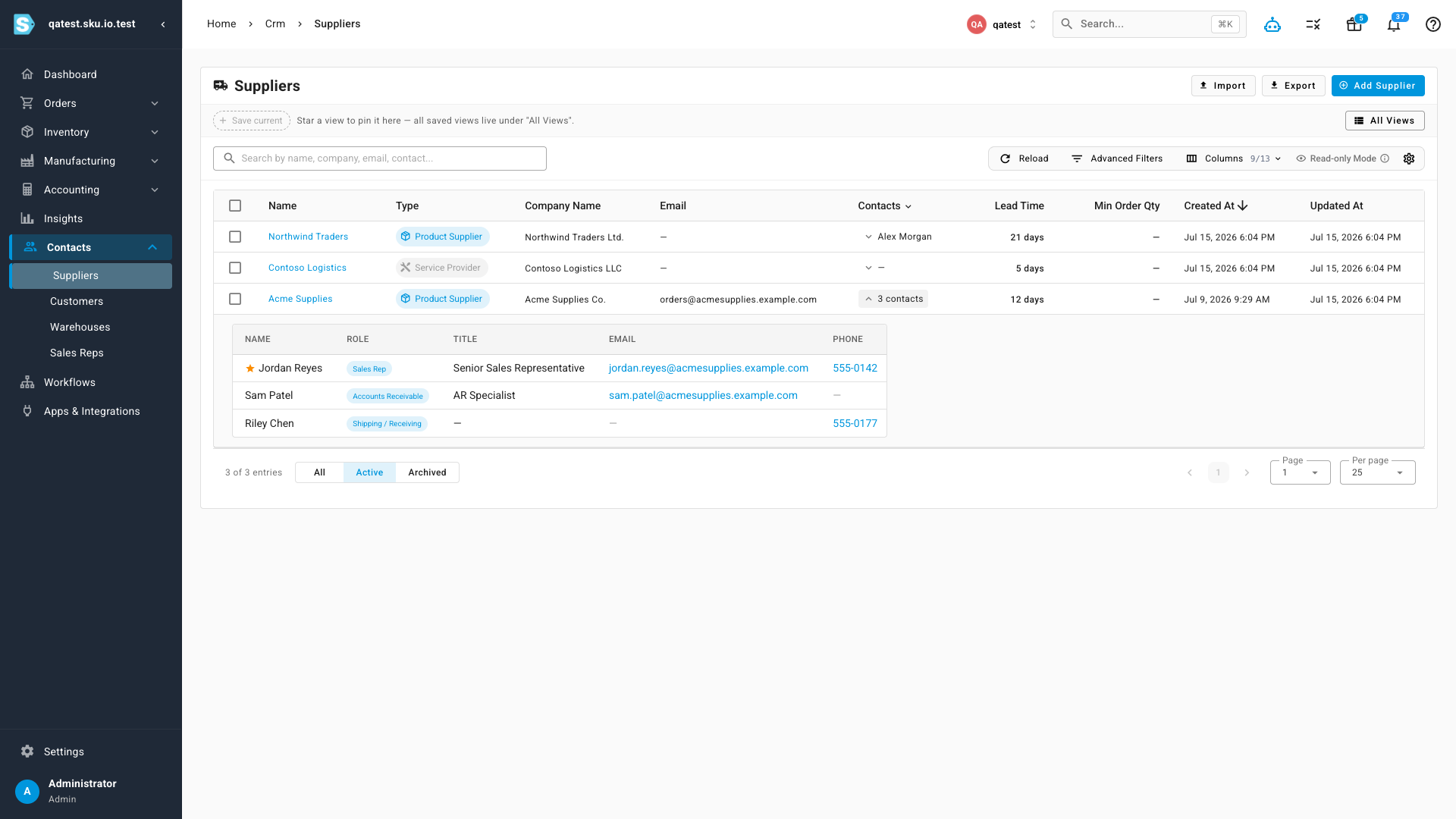The suppliers list with the new Contacts column, one row expanded to show its full contact roster inline