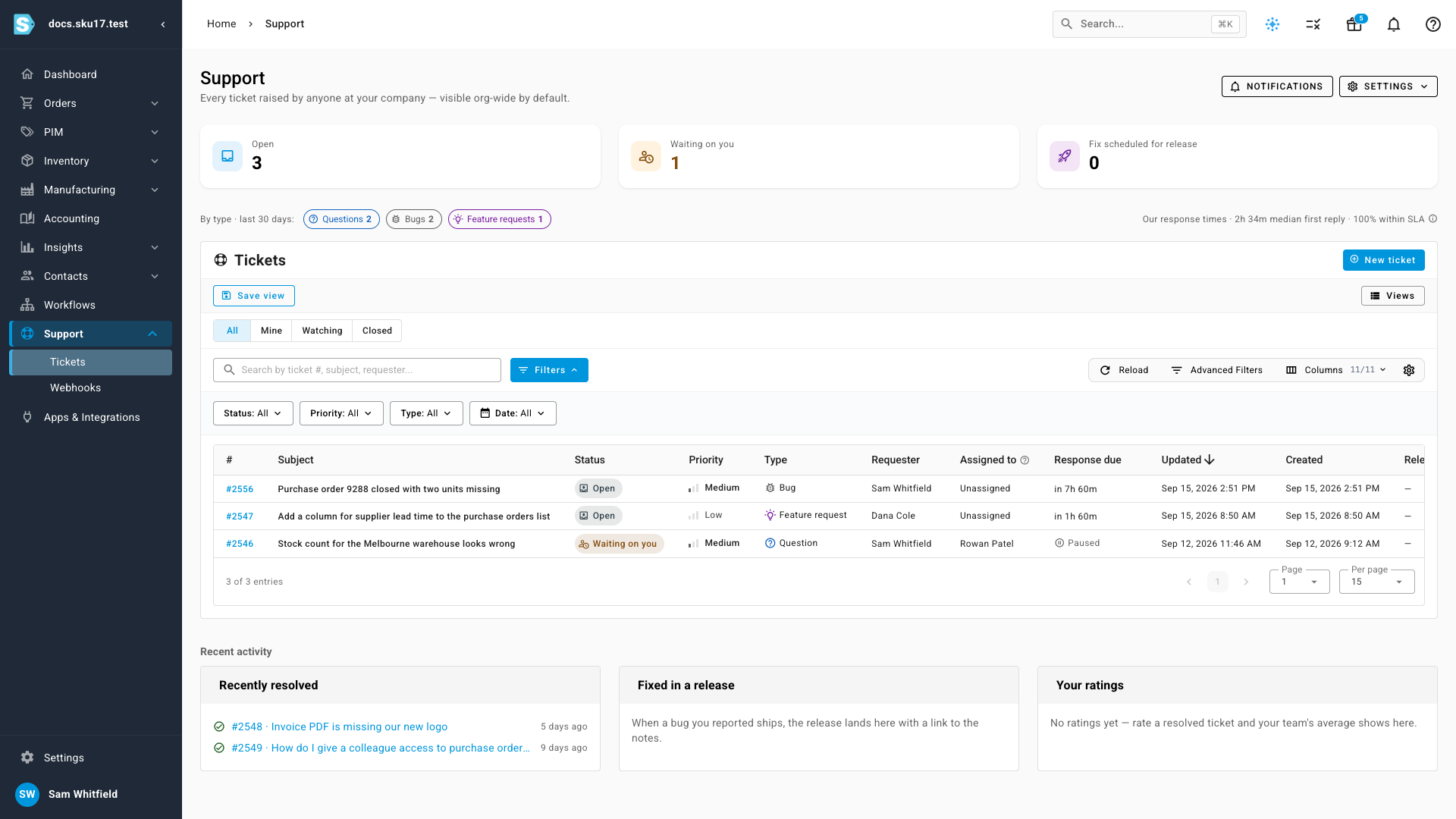 The Support hub listing the company's tickets with counts, filters, and recent activity