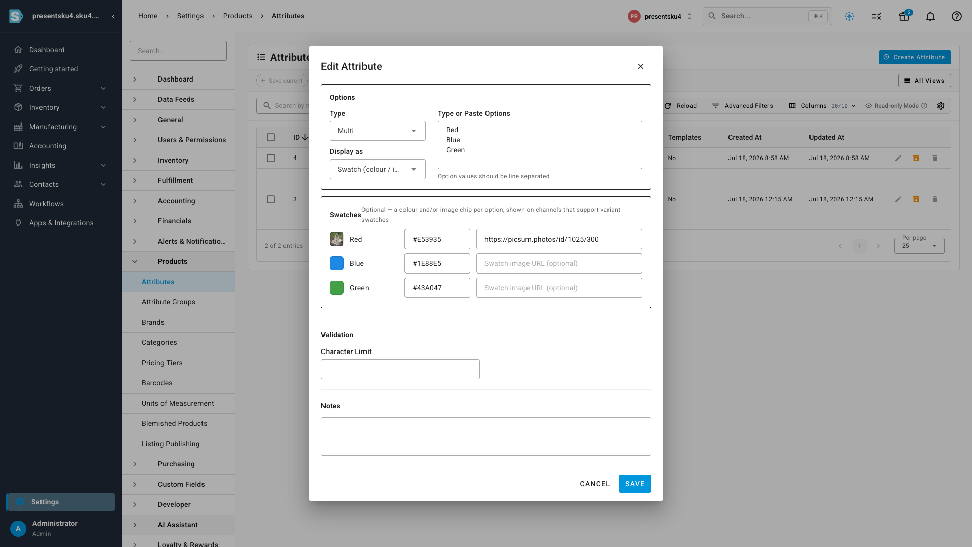 Editing a Colour attribute in Settings, with Display-as set to Swatch and a colour and image set for each option