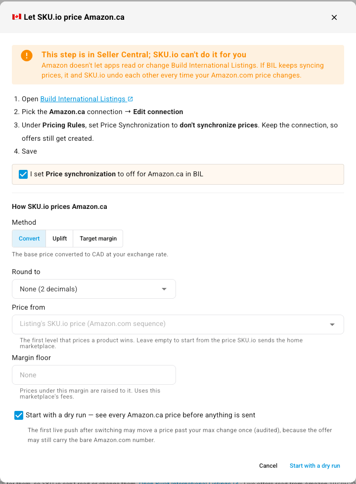 The Let SKU.io price dialog for Amazon.ca