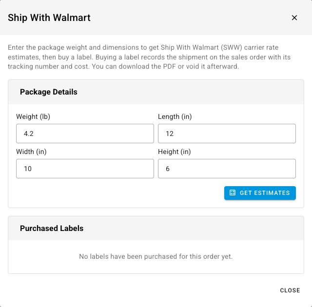 The Ship With Walmart dialog with the package details filled in
