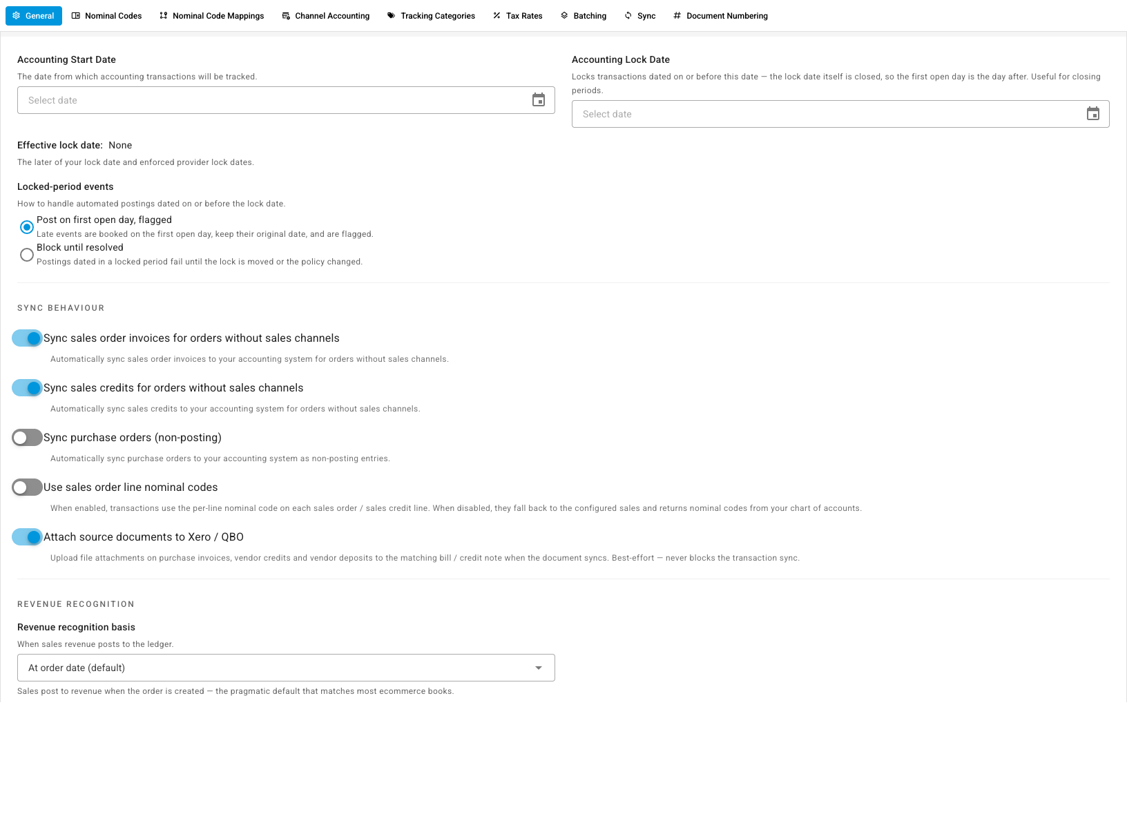 The sync switches for orders without sales channels