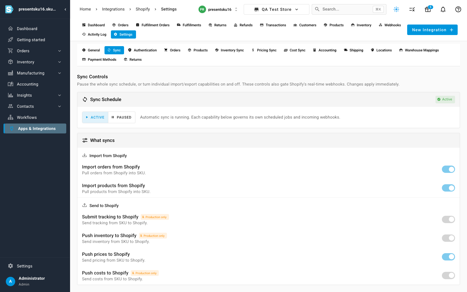 Shopify Sync controls with the new "Push costs to Shopify" capability