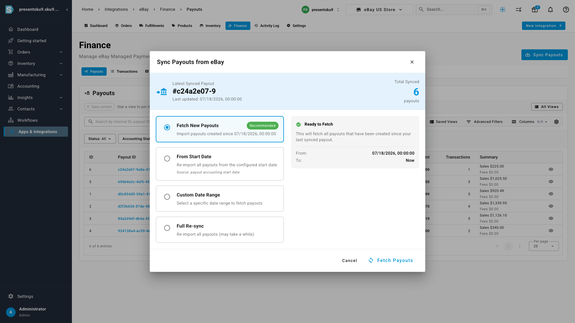 The Sync Payouts dialog with fetch options: new payouts, from start date, custom date range, or full re-sync