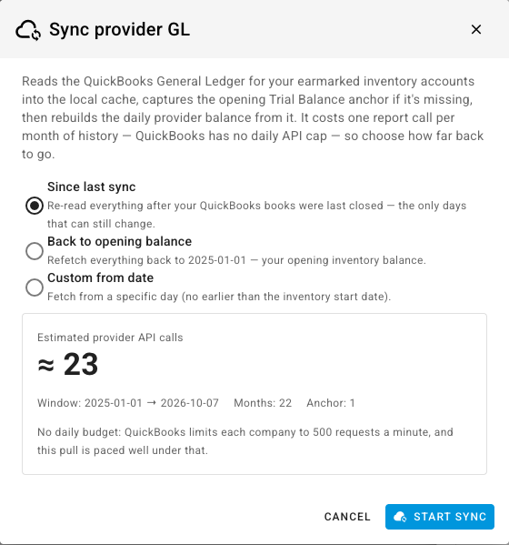 Sync provider GL for a QuickBooks connection