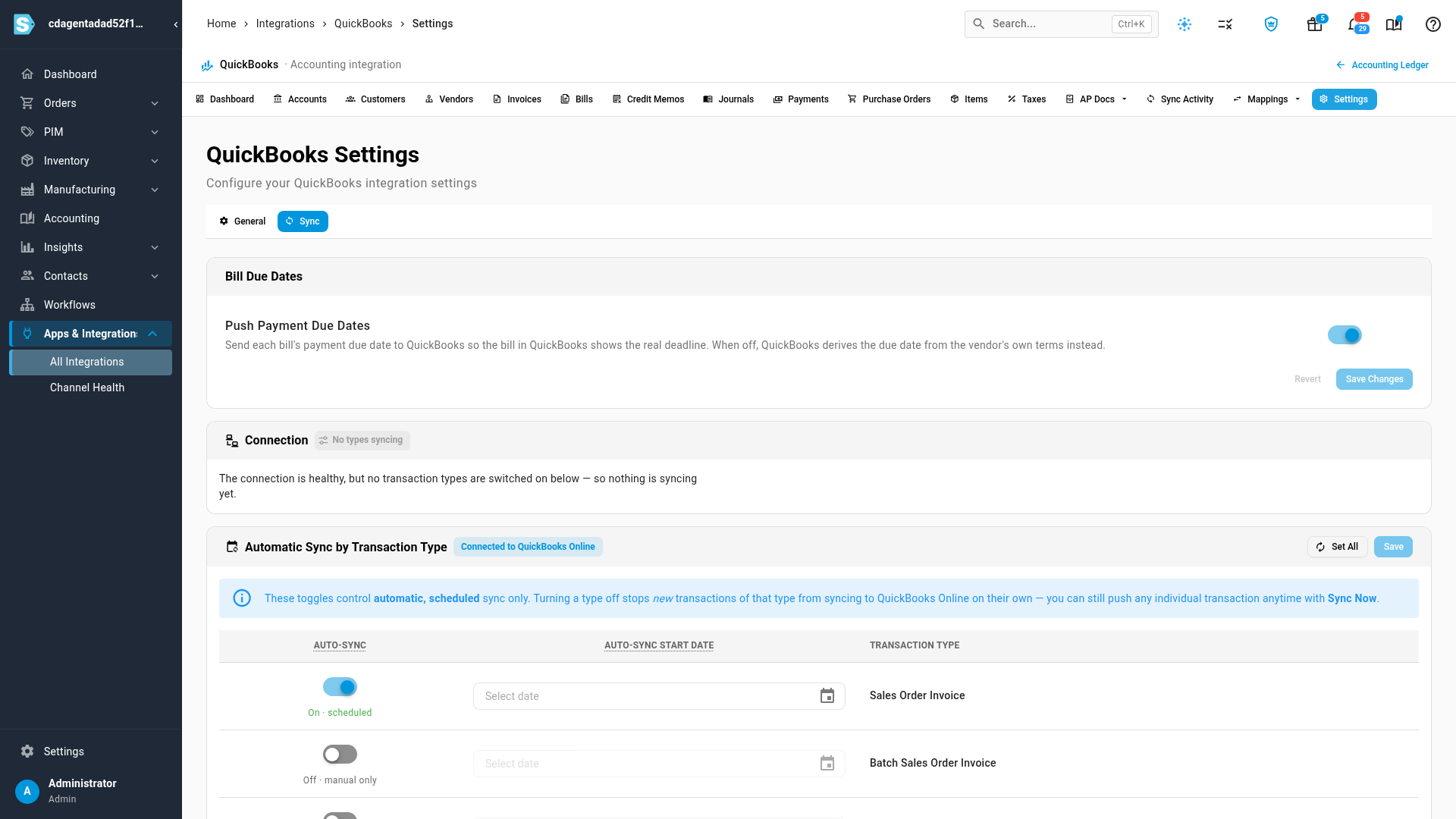 Settings → Sync with Sales Order Invoice switched on under Automatic Sync by Transaction Type