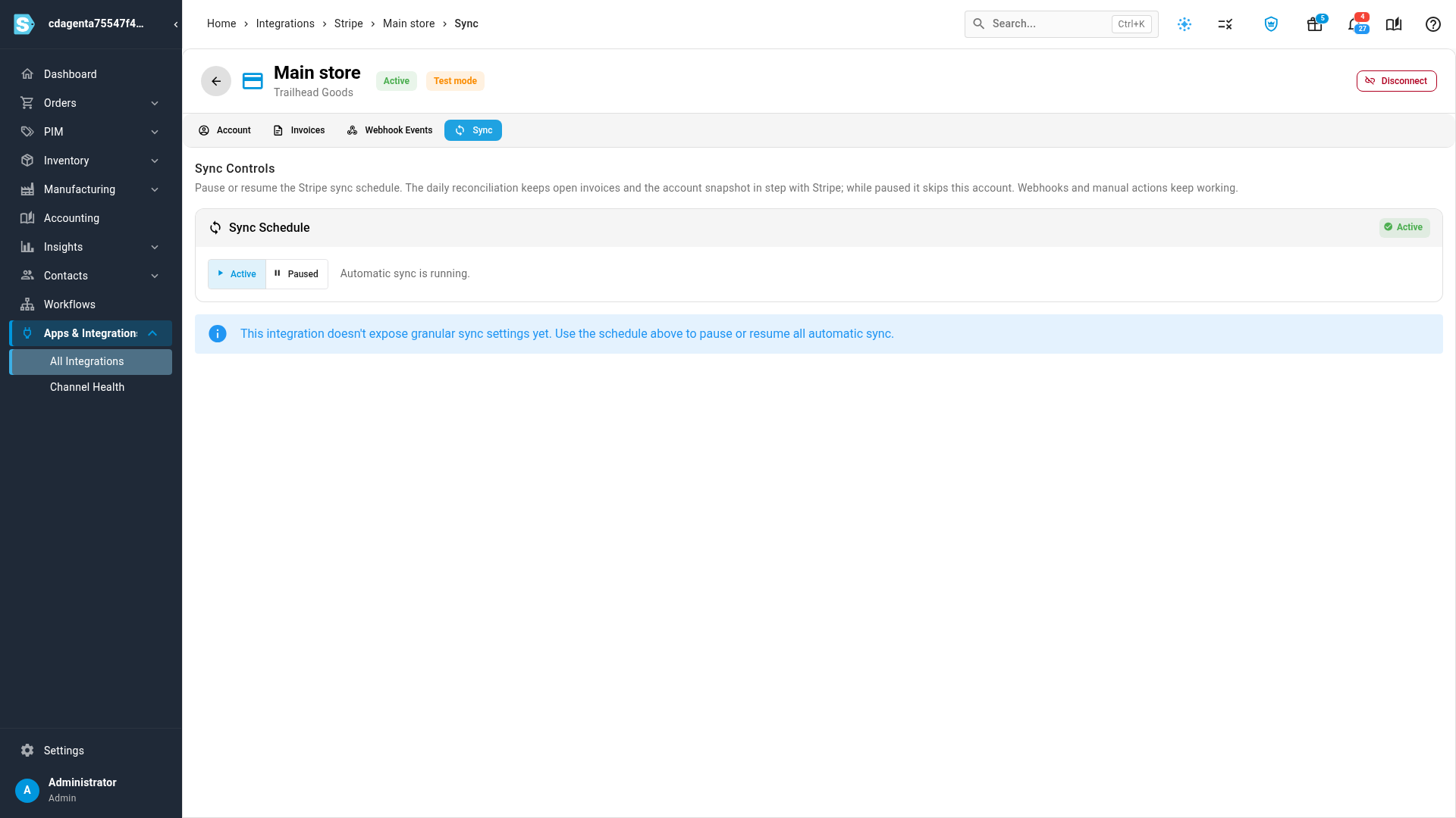 The Sync tab of a Stripe account with the Sync Schedule set to Active