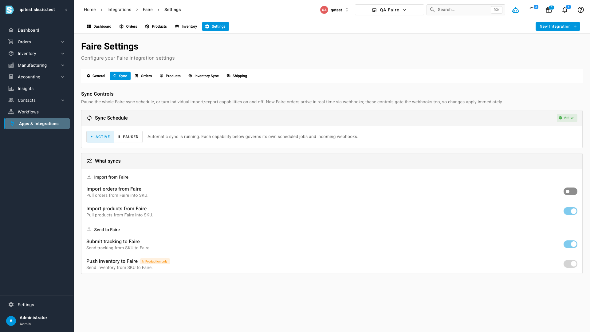 The Sync tab on a Faire integration: order imports toggled off while product imports and tracking submission keep running