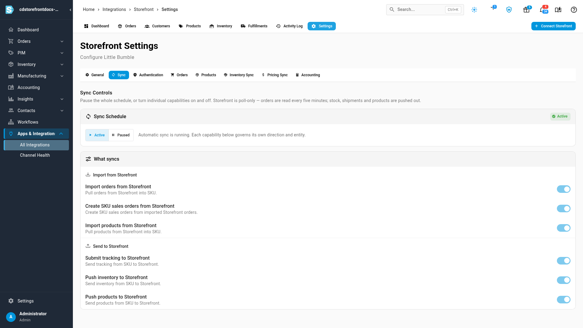 The Sync tab with each import and push