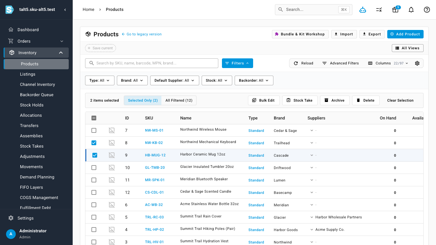 A products list with two rows selected and the bulk actions toolbar showing