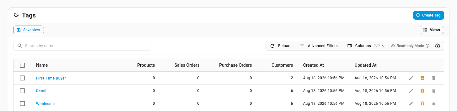 The Tags list with counts for products, sales orders, purchase orders and customers
