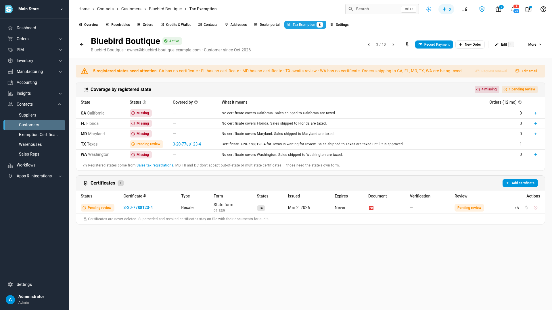 A customer's Tax Exemption tab: Texas pending review, the other registered states missing a certificate