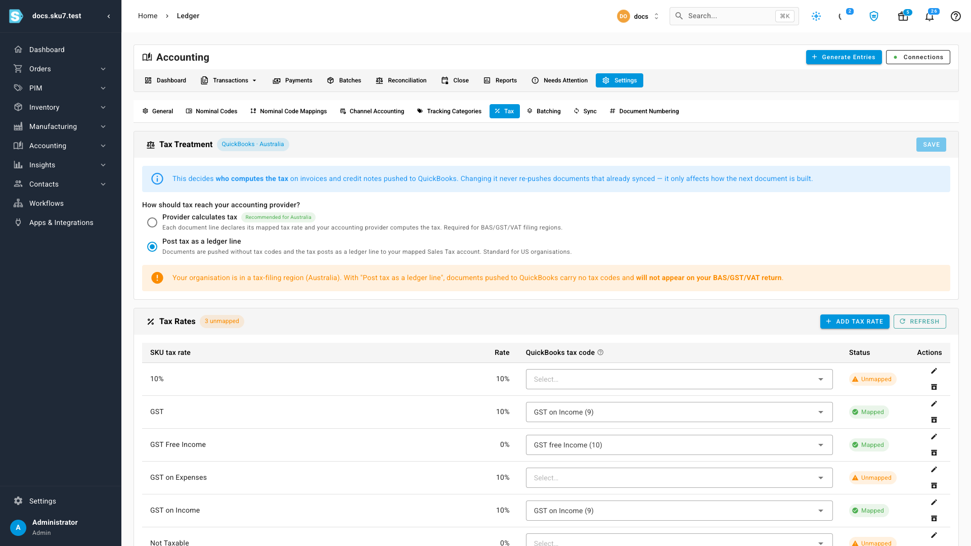 The Tax Treatment panel showing the QuickBooks · Australia connection, the two modes, and the tax rate mapping table