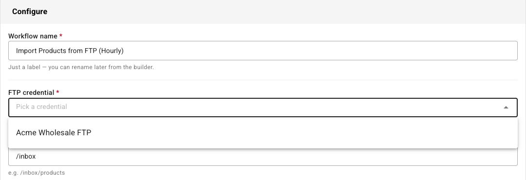 A template set-up page with the FTP credential list open, showing Acme Wholesale FTP