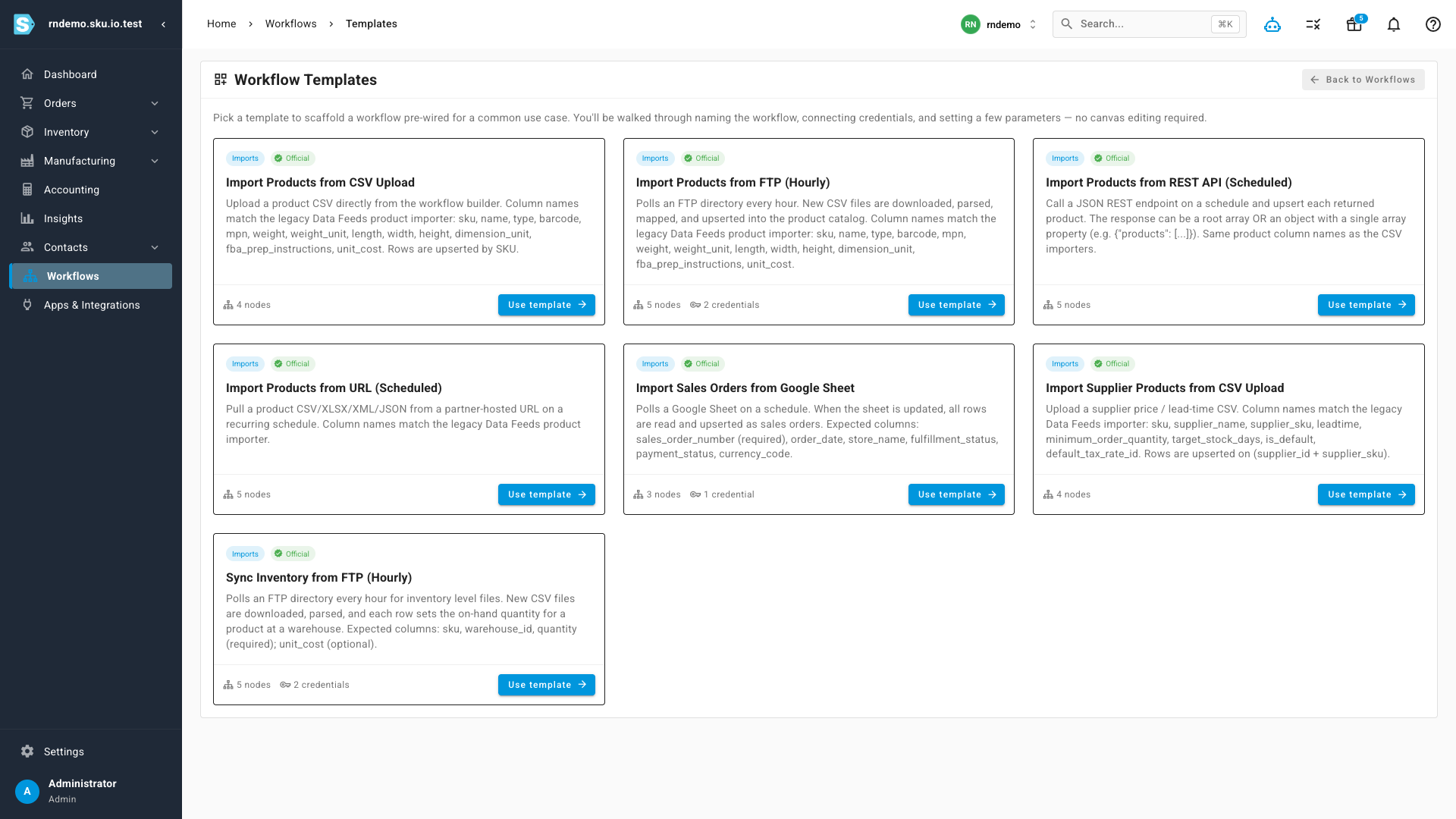 The Workflow Templates gallery with official templates for product, supplier, inventory, and sales order imports