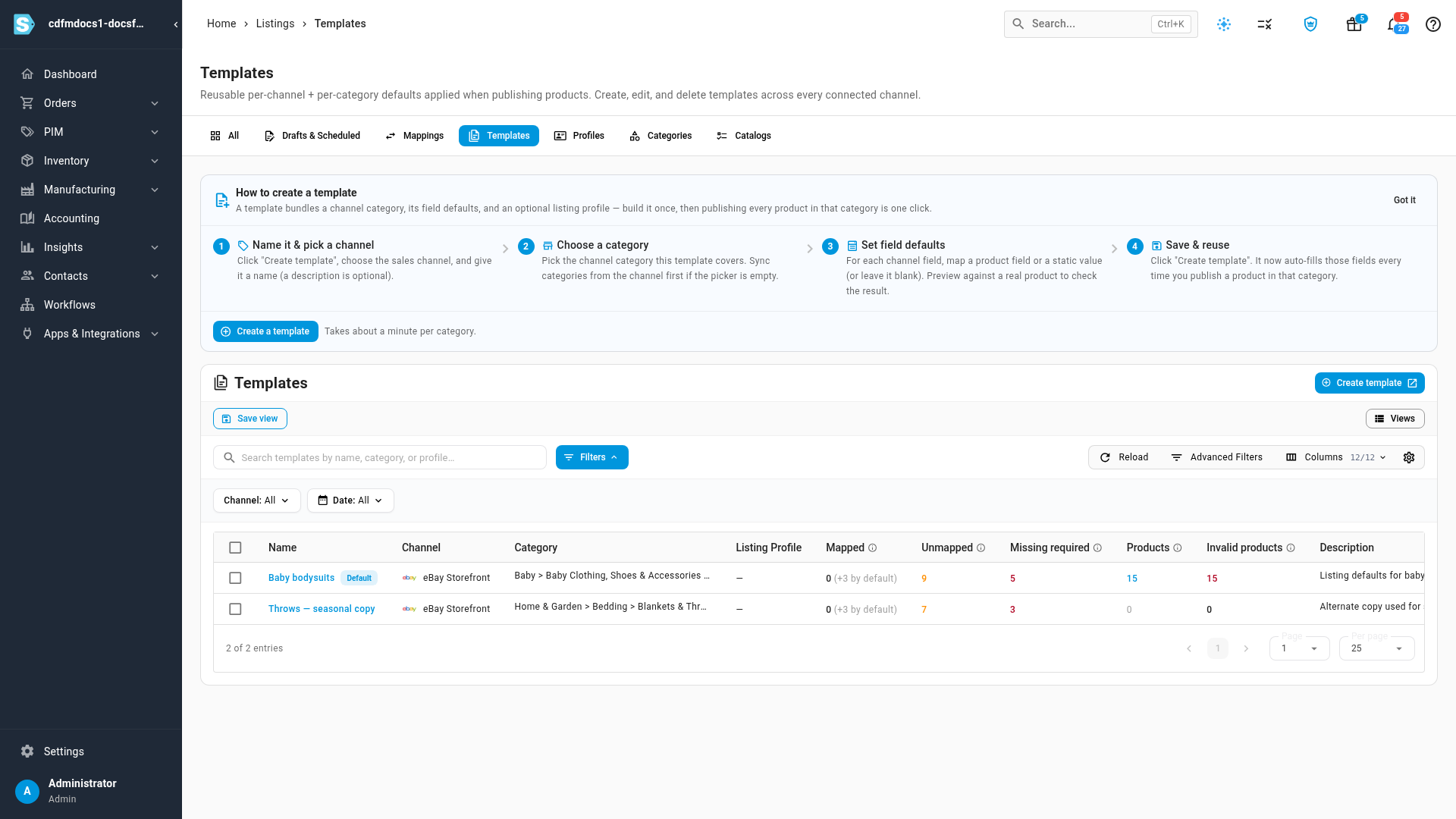The Templates tab on the Publish page, with each template's channel, category and field counts