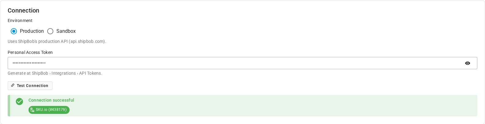 The Connection card showing Connection successful and the SKU.io channel chip