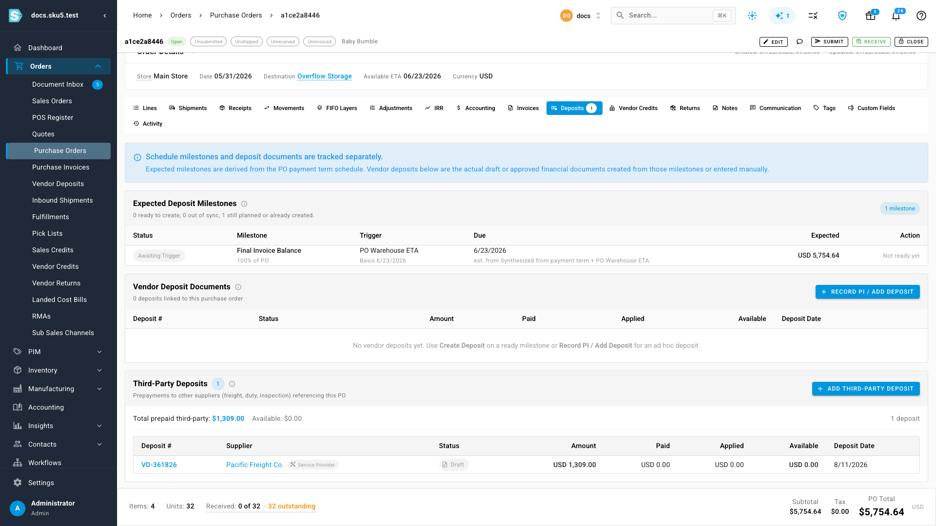 The Third-Party Deposits card on a PO's Deposits tab — prepayments to other suppliers, with their own total, sitting apart from the milestone schedule and deposit documents