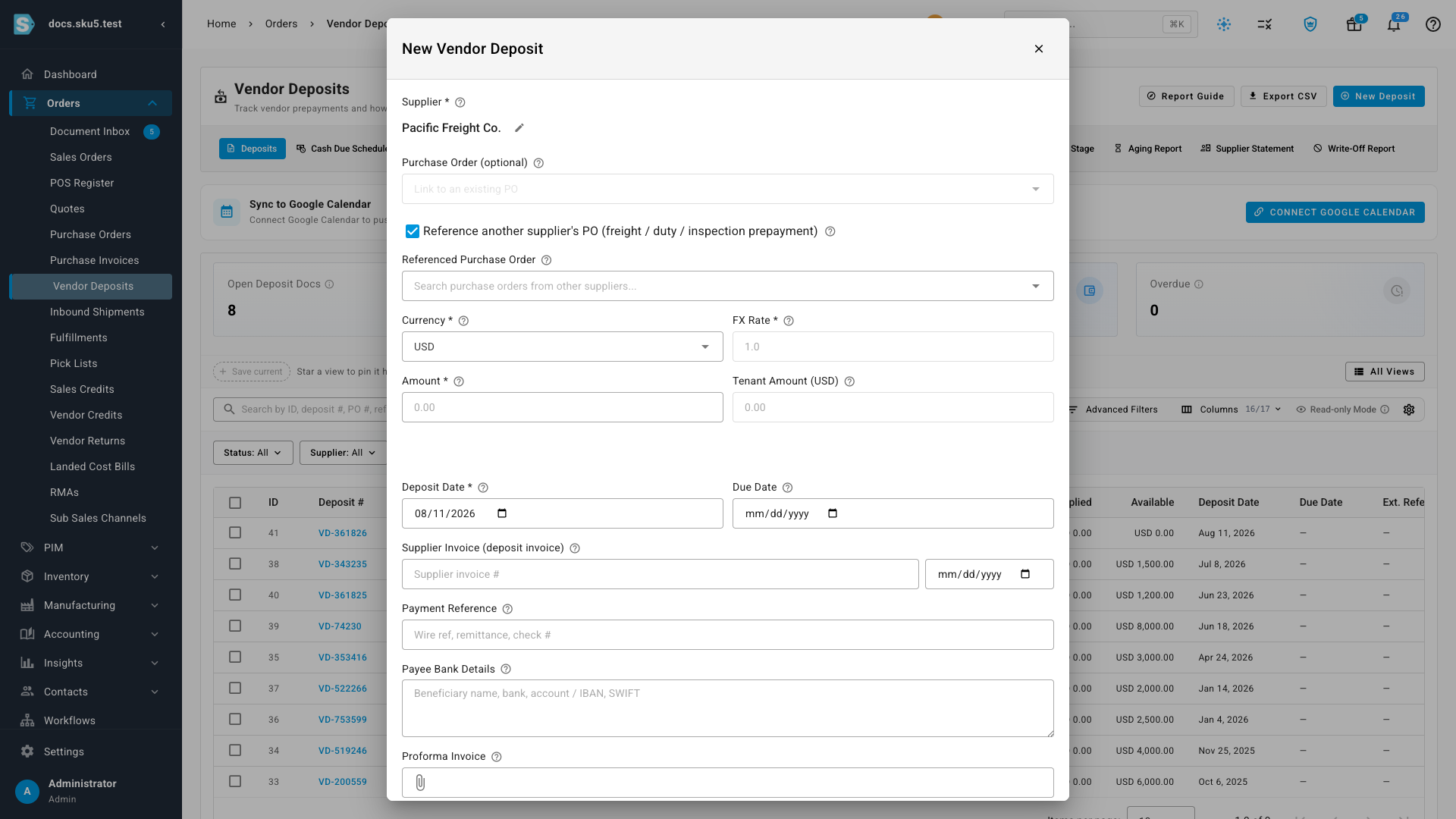 The deposit drawer with "Reference another supplier's PO" turned on — the Referenced Purchase Order search replaces the primary PO link for freight, duty, and inspection prepayments