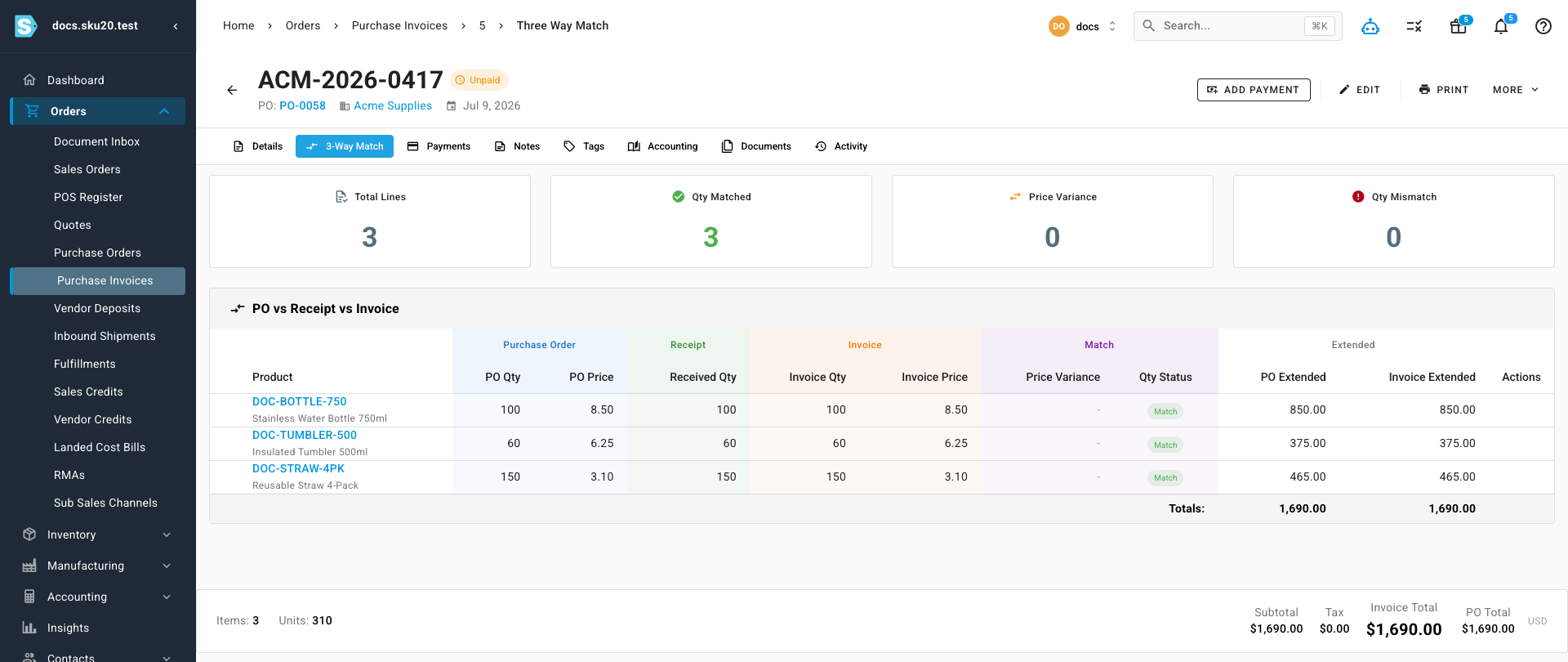 The 3-Way Match tab: four summary cards (Total Lines, Qty Matched, Price Variance, Qty Mismatch) above a table comparing PO, Receipt, and Invoice quantities and prices per line