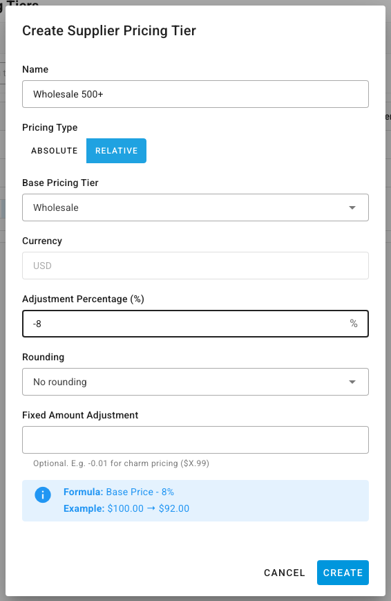 Creating a relative tier at 8% below Wholesale — the dialog shows Formula: Base Price - 8% and Example: $100.00 → $92.00