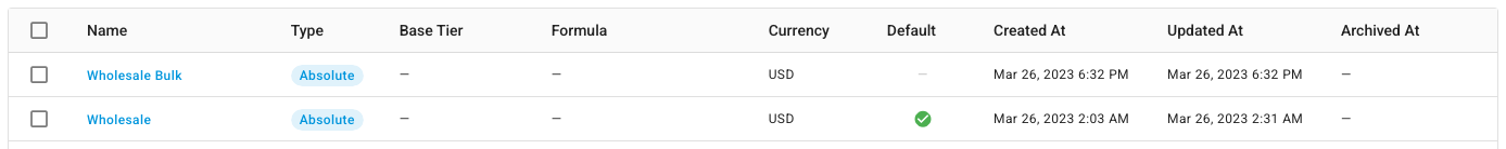 The Supplier Pricing Tiers list with Wholesale (default) and Wholesale Bulk