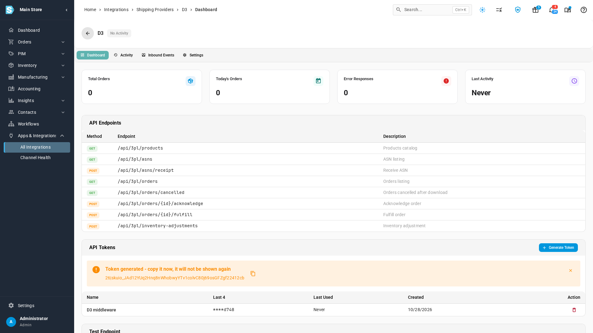 The D3 Dashboard after Generate Token: the new token, with a warning to copy it now