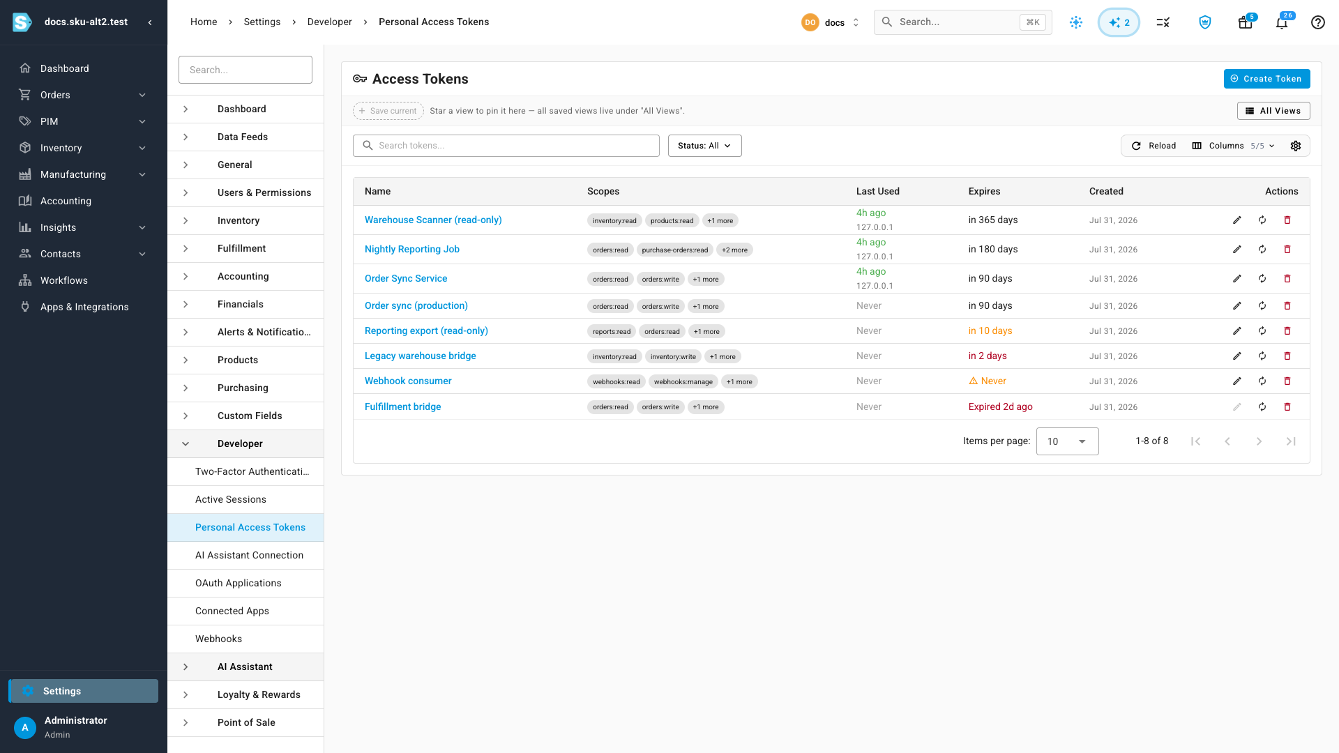 The Access Tokens list with its search bar, Status filter, and Create Token button