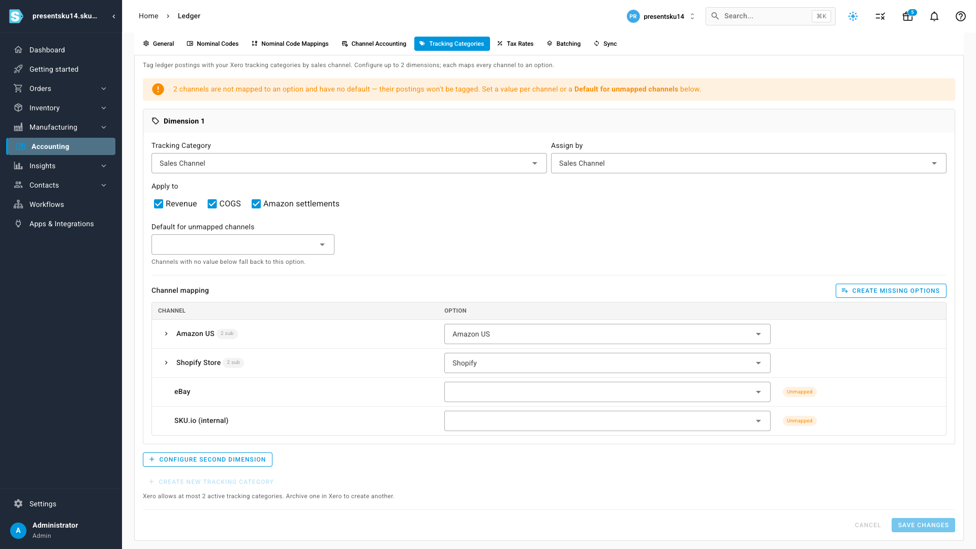 The Tracking Categories settings screen, mapping each sales channel to a Xero tracking category option